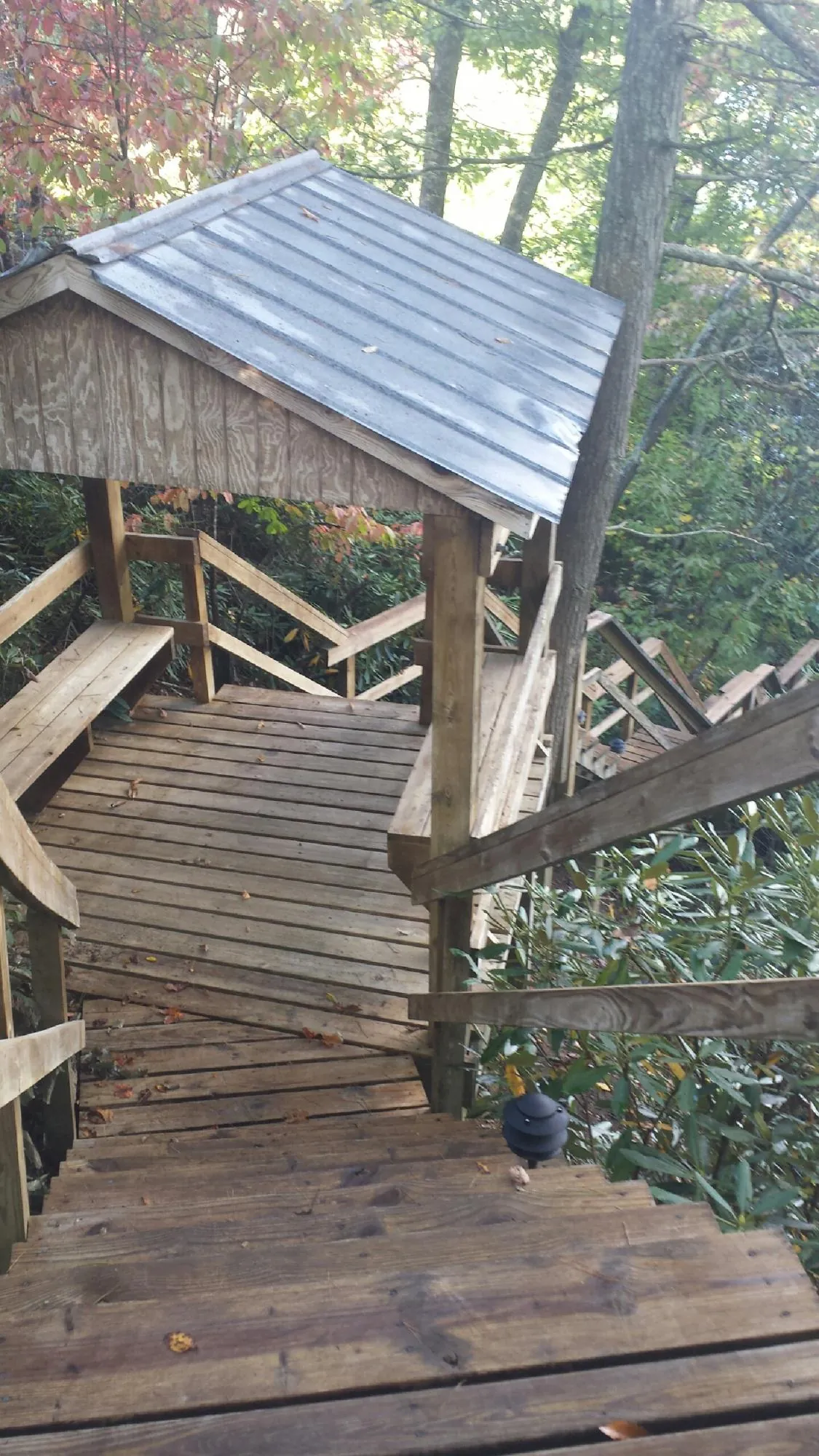Metal roofed shelter over wooden steps on a wooded walkway — Skylight Repair & Installation work by our crew in Ettrick